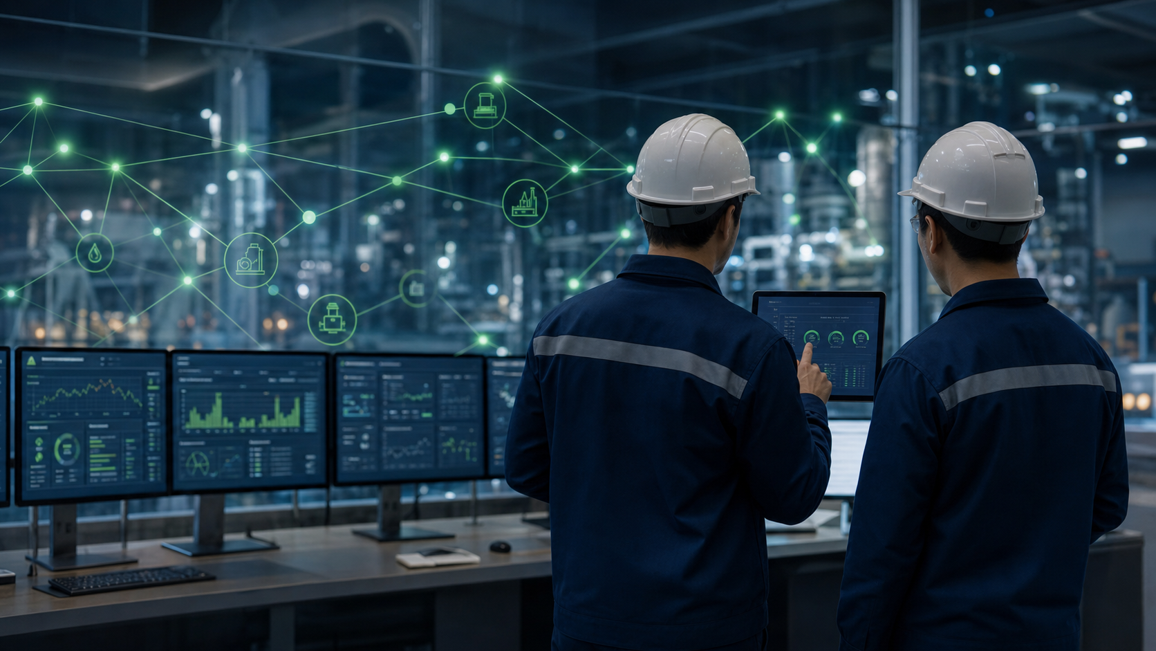 Ingenieros de automatización supervisando una operación industrial conectada