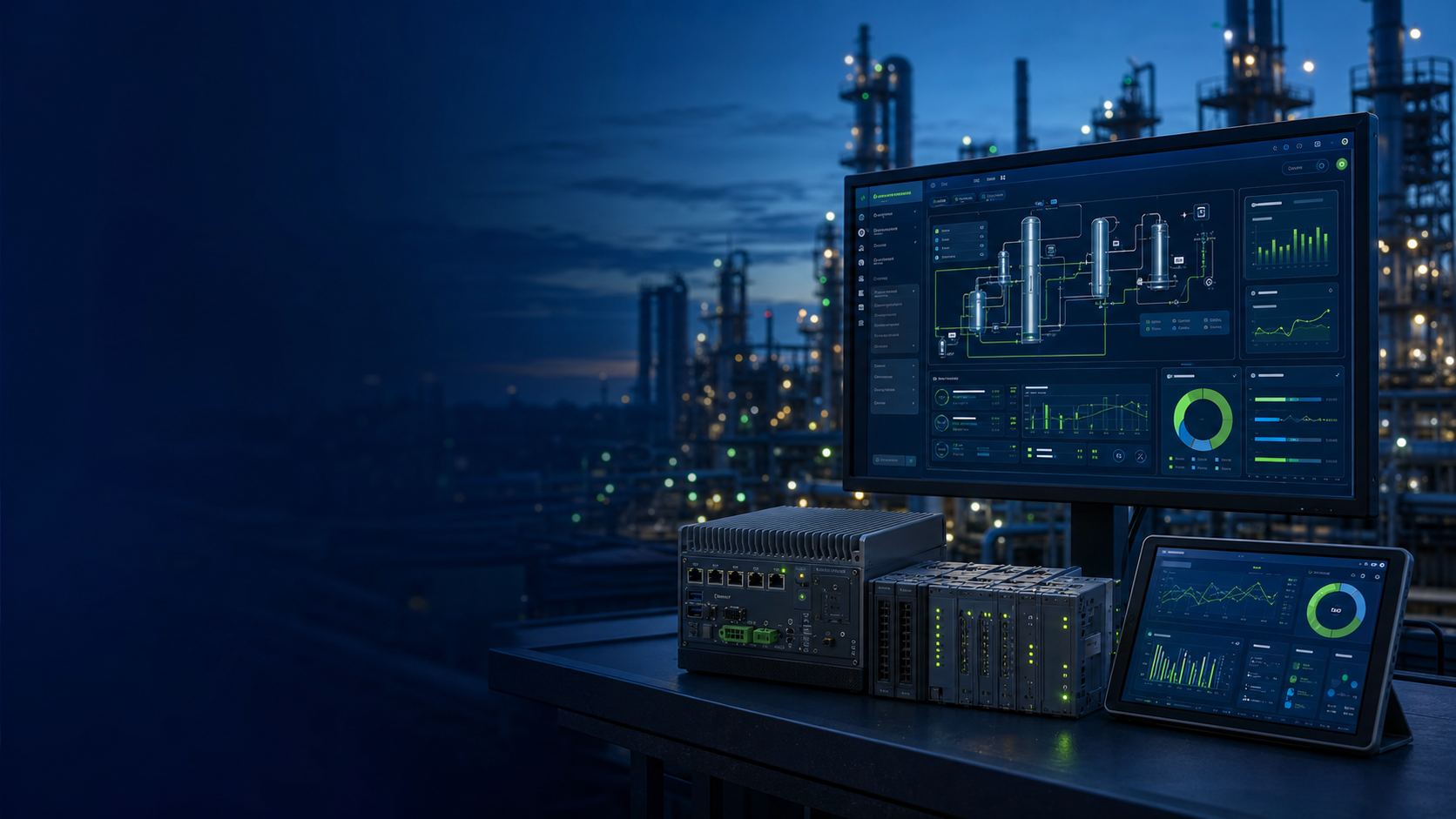 Planta industrial conectada con sistemas SCADA, controladores y edge computing